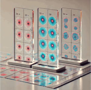 Three vertical, transparent displays with cellular structures, each featuring three columns and two rows of circular or irregular cell groupings, with a red or blue-green color scheme in the center of the cells and white or light blue radial patterns extending outwards, mounted on metal bases, and several similar displays lying flat in the foreground with a metal ruler.