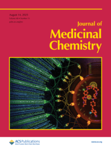 Cover of the Journal of Medicinal Chemistry, Volume 68, Number 15, dated August 14, 2025. The background is a solid maroon color. Centered at the top, the journal title is in yellow. Beneath the title is a rectangular image. The left side of the image contains green and blue text that appears like computer code. The right side features a cluster of orange and red molecular structures connected by yellow lines to small pods. At the bottom of