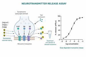 Schematic of superfusion release assay showing synaptosome preparation, tritiated neurotransmitter loading, and fraction collection