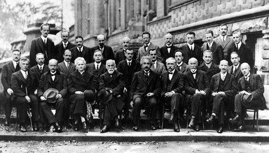Group photograph of the 29 scientists at the 1927 Solvay Conference, with Marie Curie the only woman present