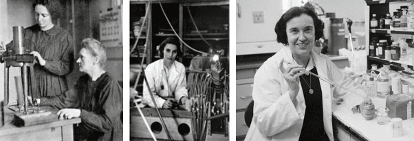Irène Joliot-Curie and Marie Curie in the laboratory, Hélène Langevin-Joliot, and Rosalyn Sussman Yalow at the laboratory bench